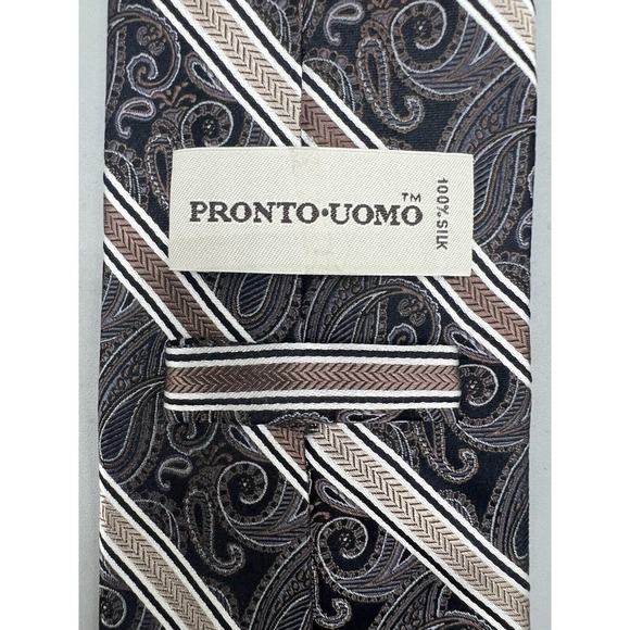 PRONTO UOMO 100% Silk Necktie Paisley Striped Black Brown Stripe L:60" W:3.75" - Picture 6 of 10